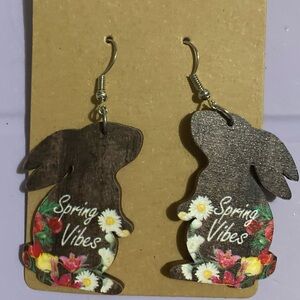 NWT Boutique Spring Vibes Bunny Floral Wood Dangle Earrings